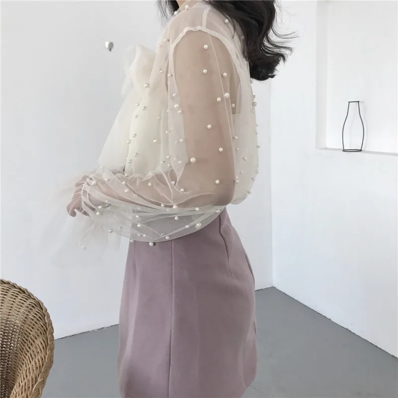 투피스 여성 메쉬 블라우스 솔리드 캐주얼 타이 보우 레이스 셔츠, 여성 구슬 긴 소매 블라우스 보터밍 셔츠 + 탱크 탑 AB799