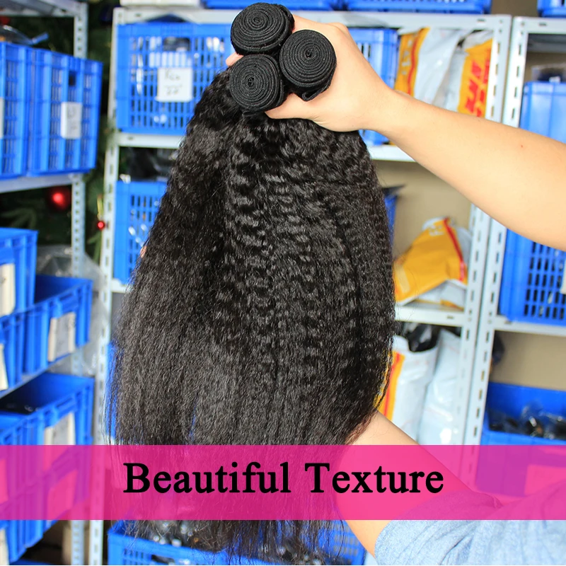 Kinky em linha reta pacotes de tecer cabelo grosso yaki em linha reta virgem pacotes de cabelo humano com fechamento brasileiro kinky 4 extensões de cabelo