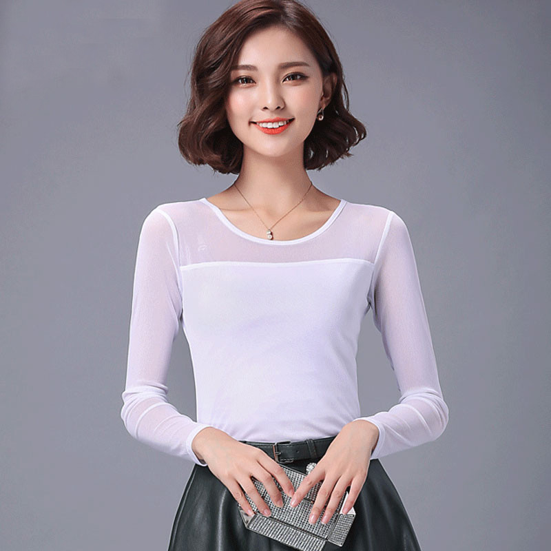 Sanishroly 2018 Summer Autumn Women Long Sleeve Blouses Thin Lace Blouse Ladies Solid Mesh Bottoming Shirt Tops Plus Size SE106