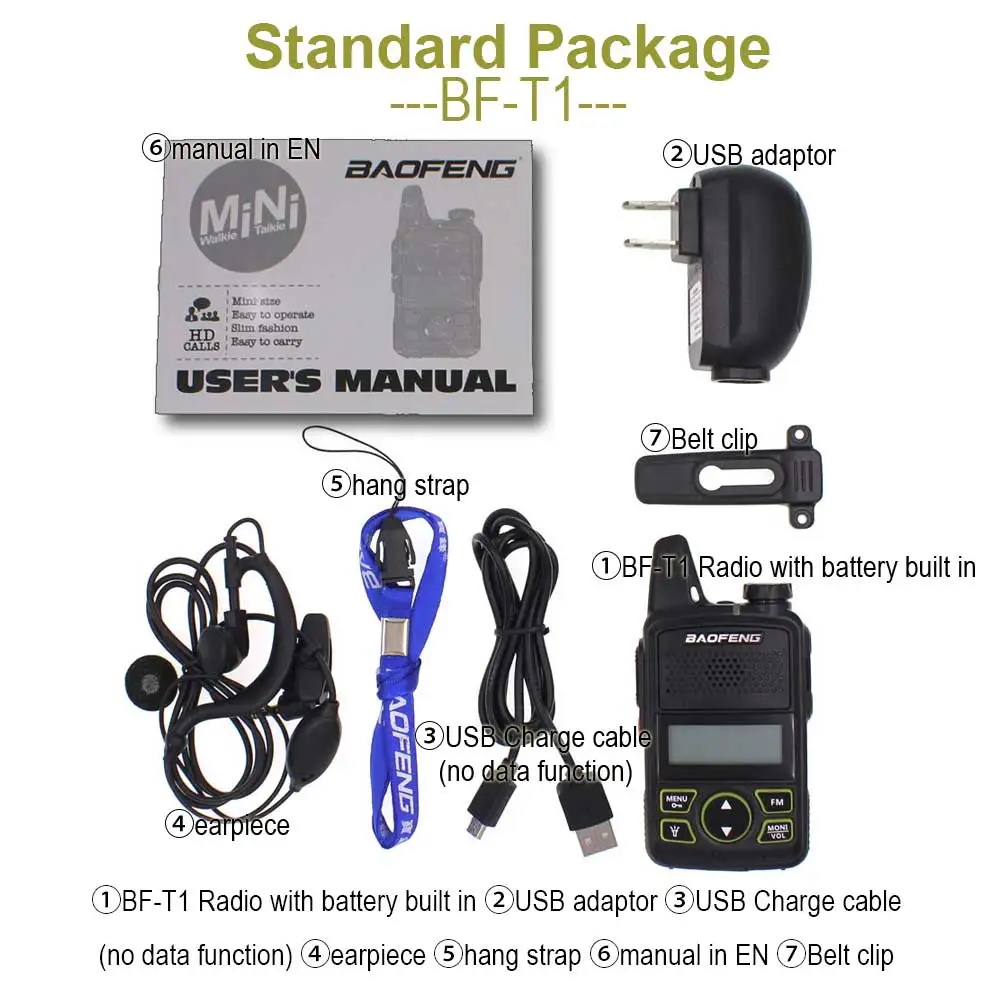 2PCS Baofeng BF-T1 Mini Portable Two Way Radio BFT1 UHF 400-470MHz 20CH Ham FM Transceiver Walkie Talkie with Earpiece
