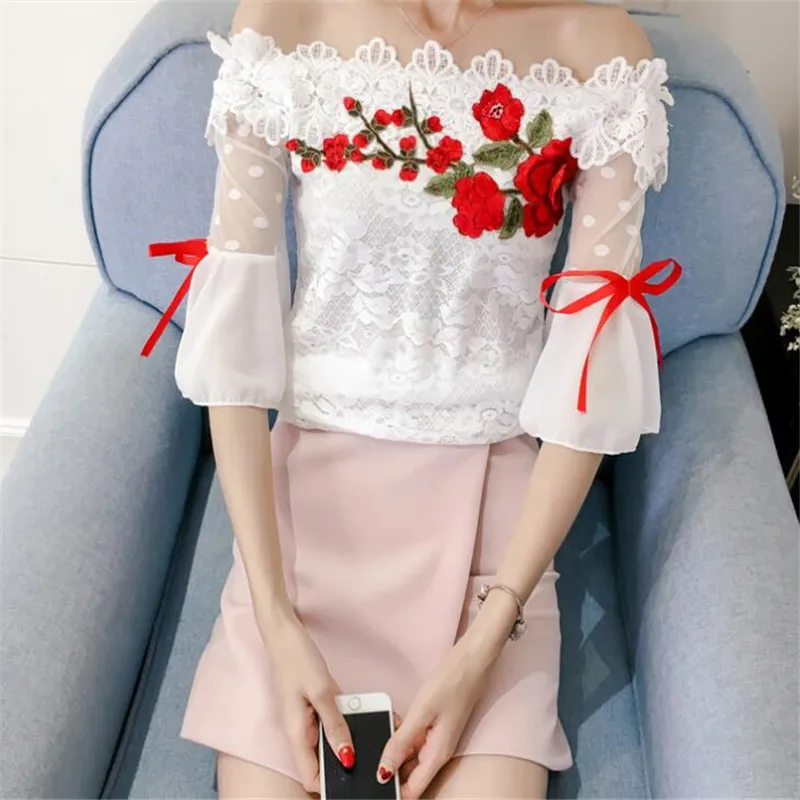 Blusa feminina de verão com laço floral, camisa bordada de renda, manga curta, blusas de malha com pescoço slash para mulheres a837, 2018