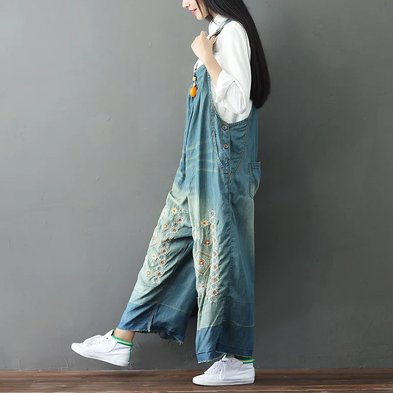 Monos vaqueros bordados para mujer, peto informal de pierna ancha, pantalones vaqueros, tirantes de talla grande