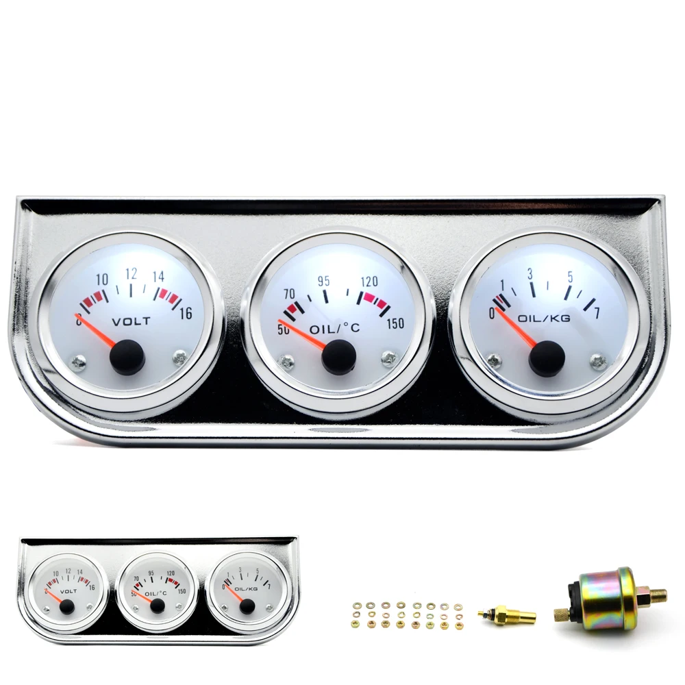 Tinh Dầu Nhiệt Áp Suất Dầu Volt Đo 52Mm 3 Trong 1 Ba Đồng Hồ Đo Bộ Đen/CHROME Ốp Viền Đen/mặt Trắng Với Nhiệt Độ & Cảm Biến Áp Suất