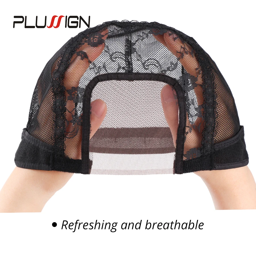 Plussign U parte gorra de peluca de encaje suizo, gorros de peluca de redecilla negra para hacer pelucas, gorro tejido con correa ajustable, herramientas para hacer peluca