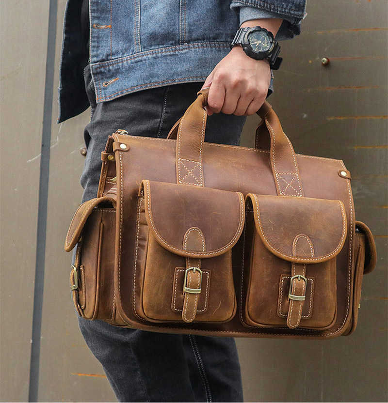 Crazy Horse-maletín de cuero genuino para ordenador portátil, bolso de hombro Vintage para hombre de negocios, calidad superior