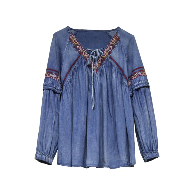 Yuzi.may Boho 여성 블라우스, 브이넥 롱 랜턴 슬리브, 빈티지 자수, 루즈 블라우스, 여성 2018, B9261