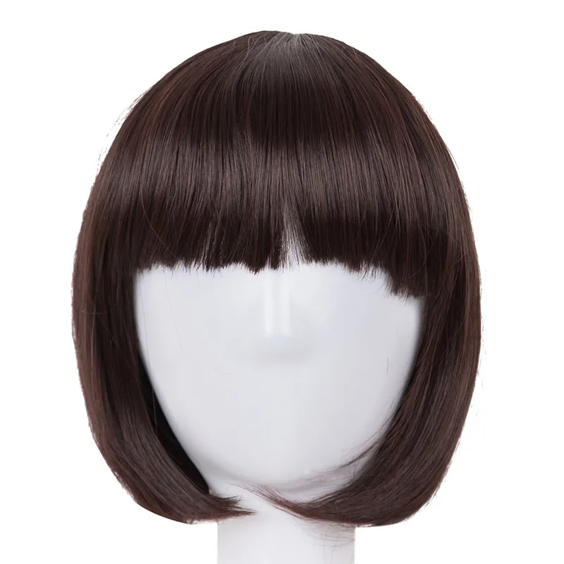 Tóc ngắn Fei-Show Tổng Hợp Nhiệt Sợi Kháng Đen Bob Wig Với Flat Bangs Hiện Đại Cho Thấy Cosplay Lễ Hội Halloween tóc giả
