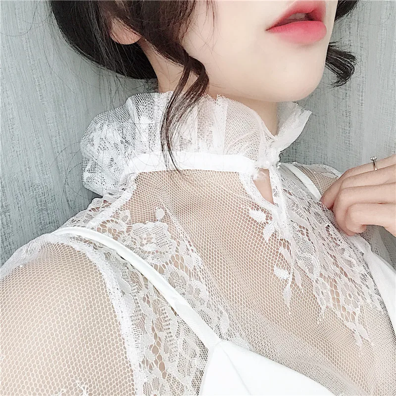 Gowyimmes 봄 사랑스러운 소녀 꽃 레이스 셔츠, 섹시한 여성 할로우 아웃 메쉬 블라우스, 레이디 긴 소매 블라우스, 기본 상의 풀오버 228