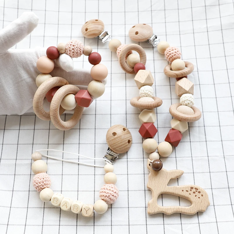 아기 장난감 실리콘 구슬 Teethers 나무 반지 수제 팔찌 젖꼭지 체인 클립 젖니가 남 유모차 유모차 벨 아기 제품