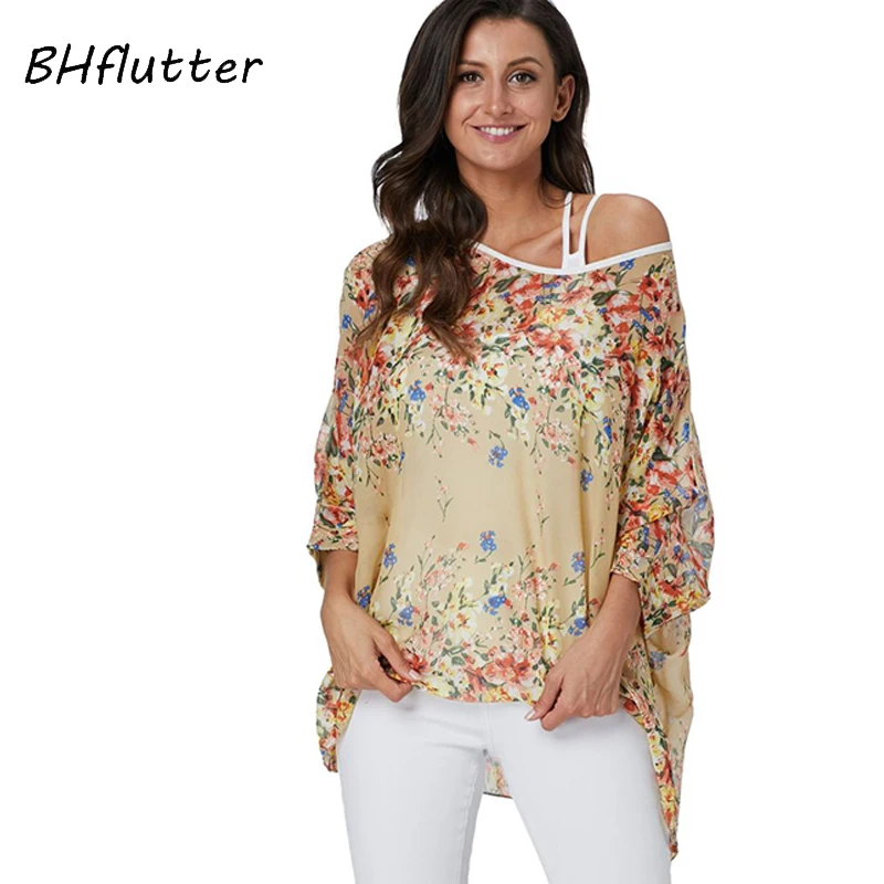 BHflutter Nữ Áo Kiểu Plus Kích Thước 2019 Phong Cách Mới Cánh Dơi Thường Ngày Mùa Hè Áo Sơ Mi Người Phụ Nữ Boho Áo Sơ Mi Voan Áo Chemise Femme