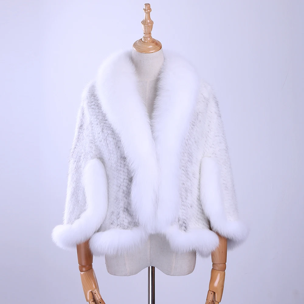 Freies Verschiffen Neue Echte Gestrickte Nerz Pelz Schal Wrap Cape mit Fuchs pelz kragen Triming frauen Dame nerz pelzmantel jacke Stola