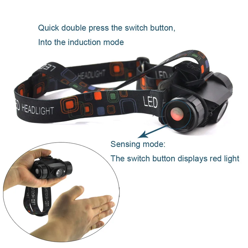 BORUiT-linterna frontal LED con Sensor IR, batería 18650, recargable por USB, resistente al agua, para trabajo, pesca, Camping