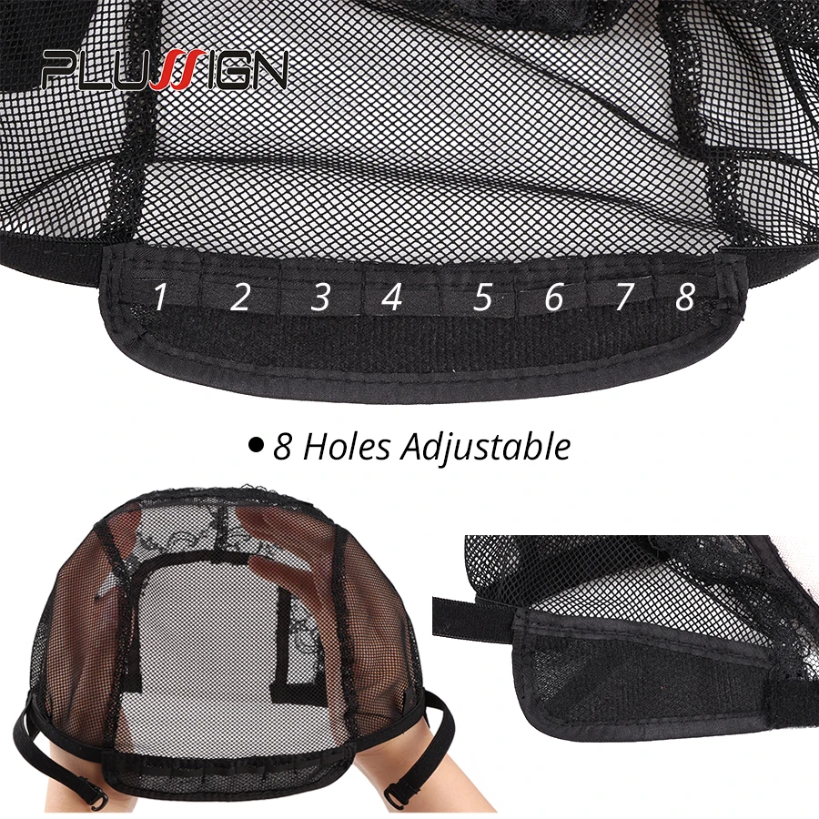 Plussign U parte gorra de peluca de encaje suizo, gorros de peluca de redecilla negra para hacer pelucas, gorro tejido con correa ajustable, herramientas para hacer peluca