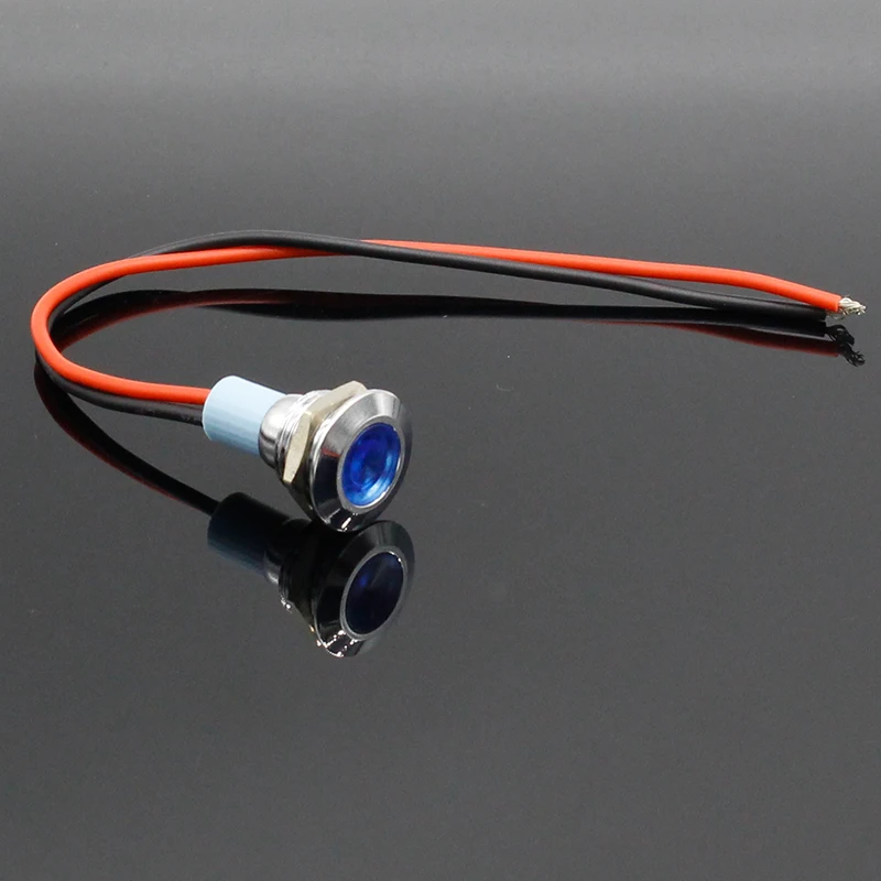 1 pièces Signal lumineux 3V 6V 12V 24V 220V 12mm indicateur circulaire plat en métal étanche avec fils rouge, jaune, bleu-vert