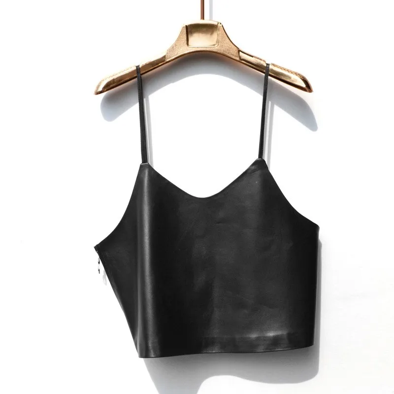 Sommer Sexy Frauen Backless Hosenträger Weste Abgeschnitten Weste Echtes Leder Jacke V-ausschnitt Kurzen Stil Weibliche Outwear Mäntel