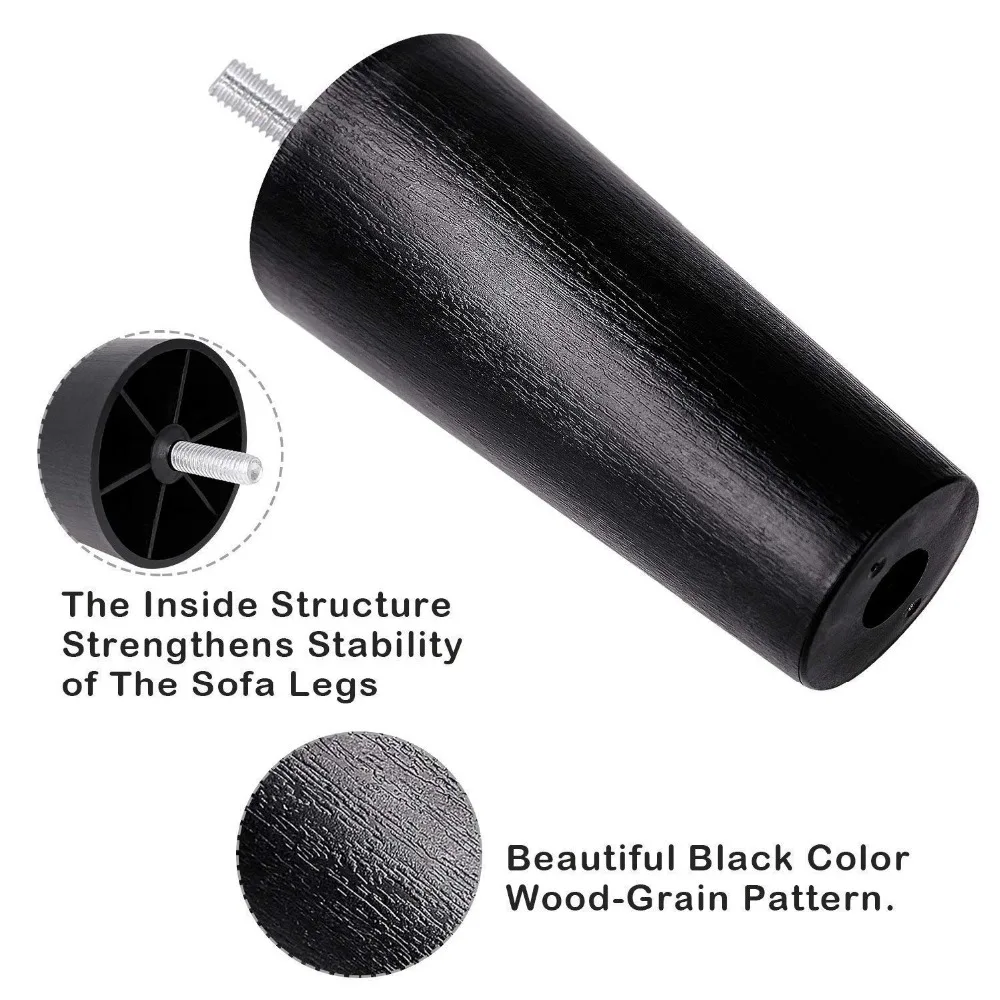 4Pcs Round Tapered Black Plastic Furniture Legs Feet with Mounting Plates M8*25 Thread Shank for Sofa and Chair  4 to12cm height