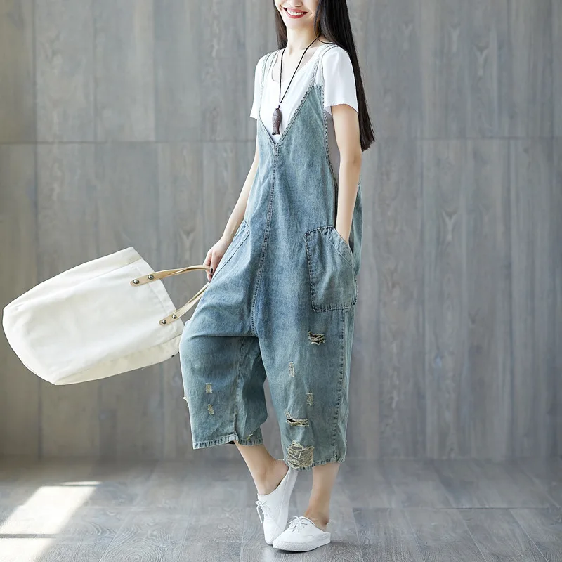 Phụ Nữ Mỏng Bộ Áo Liền Quần 2018 Tẩy Trắng Rách Ống Rộng Yếm Denim Áo Liền Quần Size Lớn Thả Đáy Quần Rompers Bắp Chân-Chiều Dài quần YT611