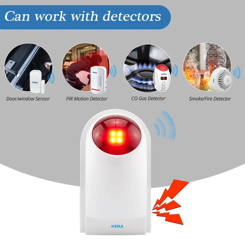 KERUI-sirena de Flash estroboscópica inalámbrica para exteriores, resistente al agua, con sonido de alarma de 120db y iluminación de Flash roja, batería de respaldo