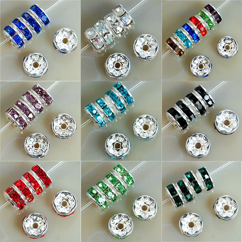 100 Uds 4/6/8/10mm cuentas de cristal de Metal cuentas espaciadoras Rondelle de diamantes de imitación para hacer joyería pulsera collar accesorios DIY