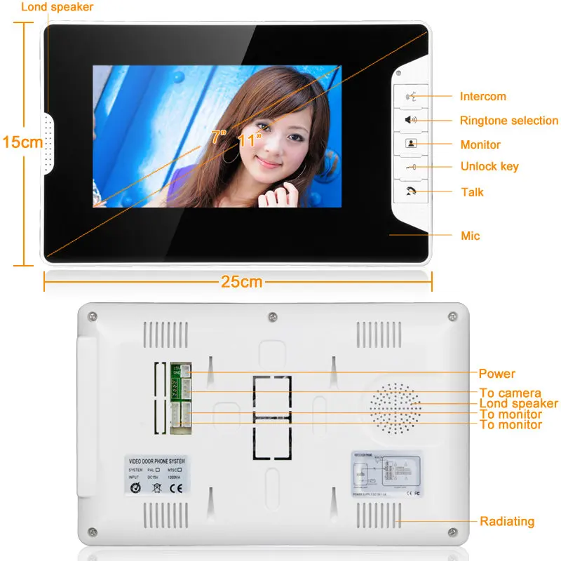 Nova 7 polegada monitor de vídeo campainha interfone de vídeo com 1200tvl câmera ao ar livre à prova de intempéries sistema de intercomunicação do telefone da porta ip65