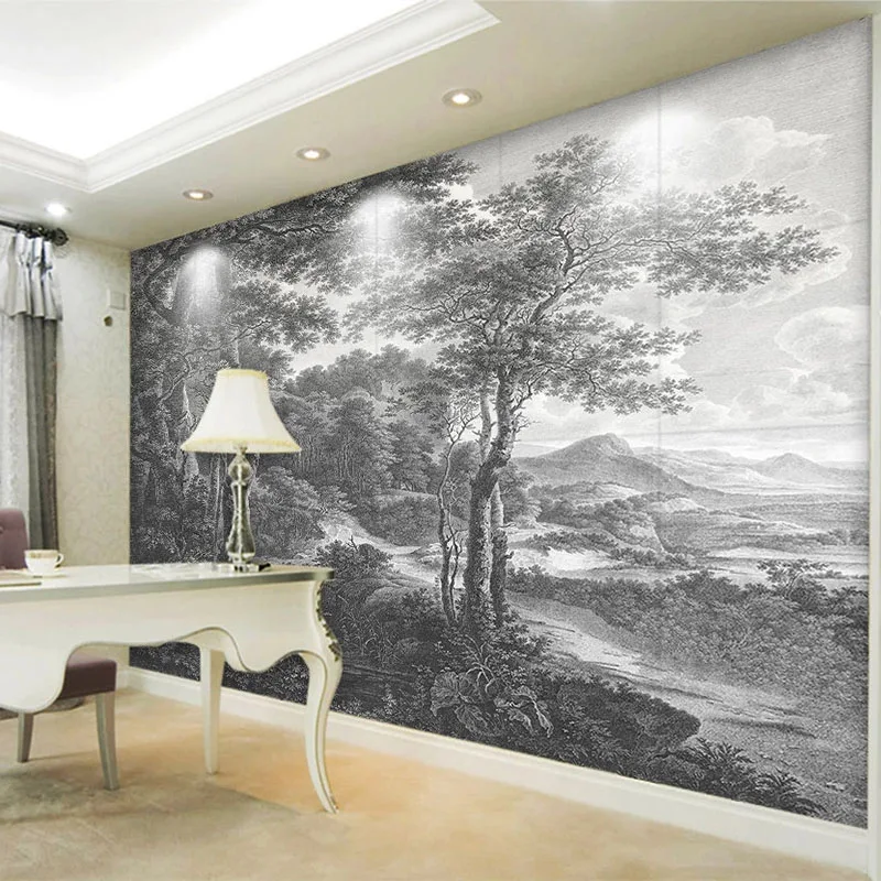 วอลล์เปเปอร์ที่กำหนดเอง Retro Hand Painted สีดำและสีขาว Forest Tree ภาพจิตรกรรมฝาผนังห้องนั่งเล่นโซฟาทีวีโซฟาห้องนอน Fresco Papel De parede