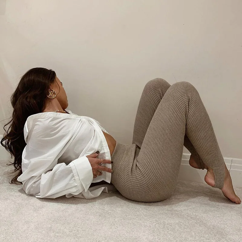 Mallas de punto acanaladas Beige para mujer, pantalones básicos de algodón de cintura alta para Fitness, mallas ajustadas informales que combinan con todo para primavera
