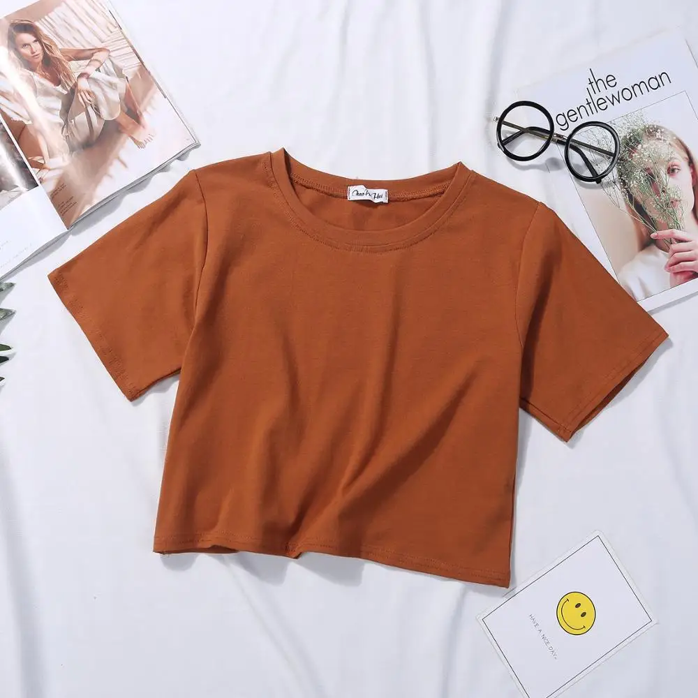 女性用半袖コットンTシャツ,ラウンドネックTシャツ,ハイウエストTシャツ,女性用カジュアルTシャツ,単色Tシャツ,ルーズフィットTシャツ,夏
