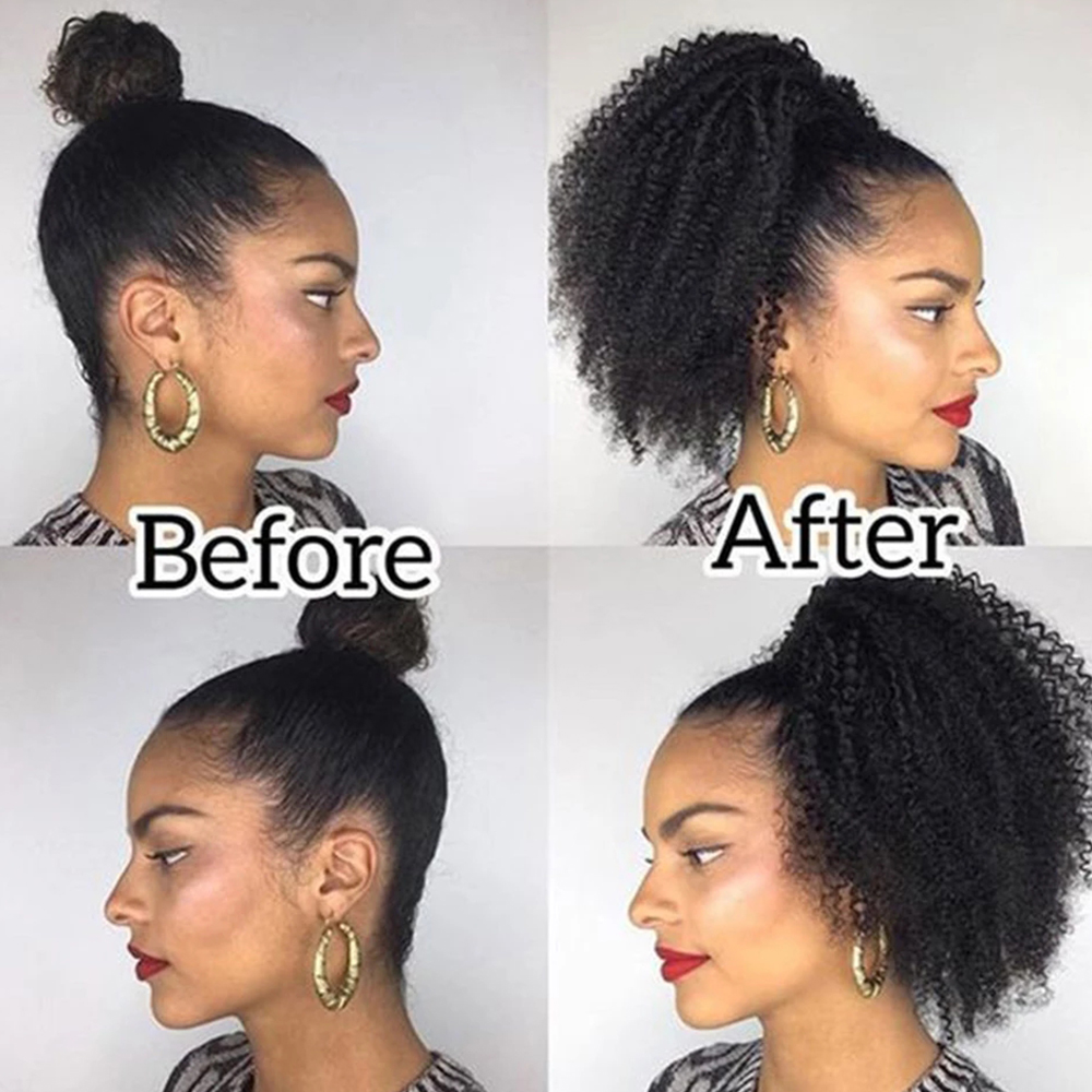 Extensiones de cola de caballo rizadas Afro, Clip en cordón, extensiones de cabello humano, piezas de cabello rizado mongol