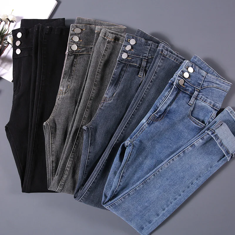 Nuevos pantalones vaqueros ajustados elásticos de cintura alta Vintage de alta calidad, pantalones pitillo con botones elásticos a la moda para mujer, pantalones vaqueros informales para mamá