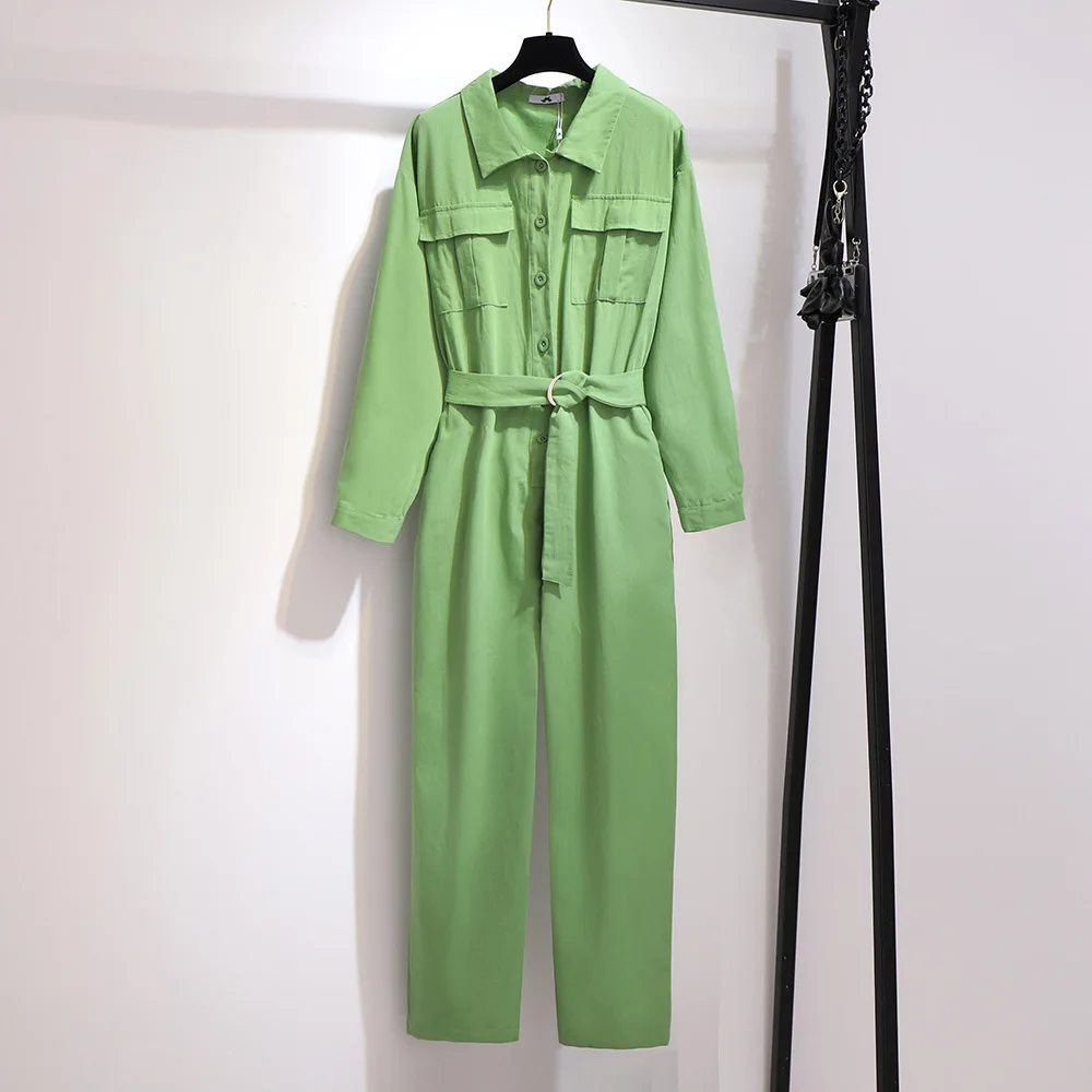 Combinaisons grande taille pour femmes, grandes manches longues, combinaison décontractée ample, ceinture, noir, vert, 3XL, 4XL, 5XL, 6XL, 7XL, printemps, automne, 2020