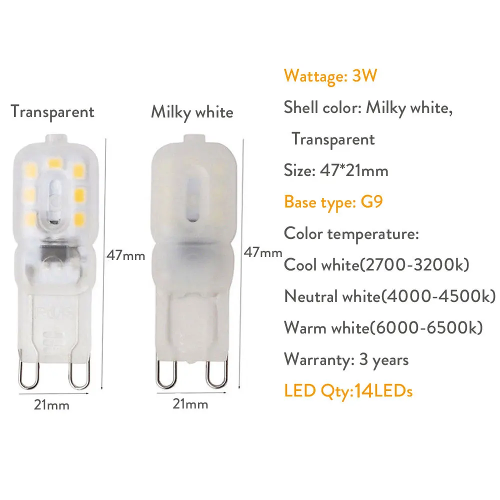 5pcs/Lot G9 LED Bulb 3W 14LEDs Dimmable Silicone Lamp Clear/Milky White Shell Light Bulb Replace Halogen Lamps for Home 110/220V
