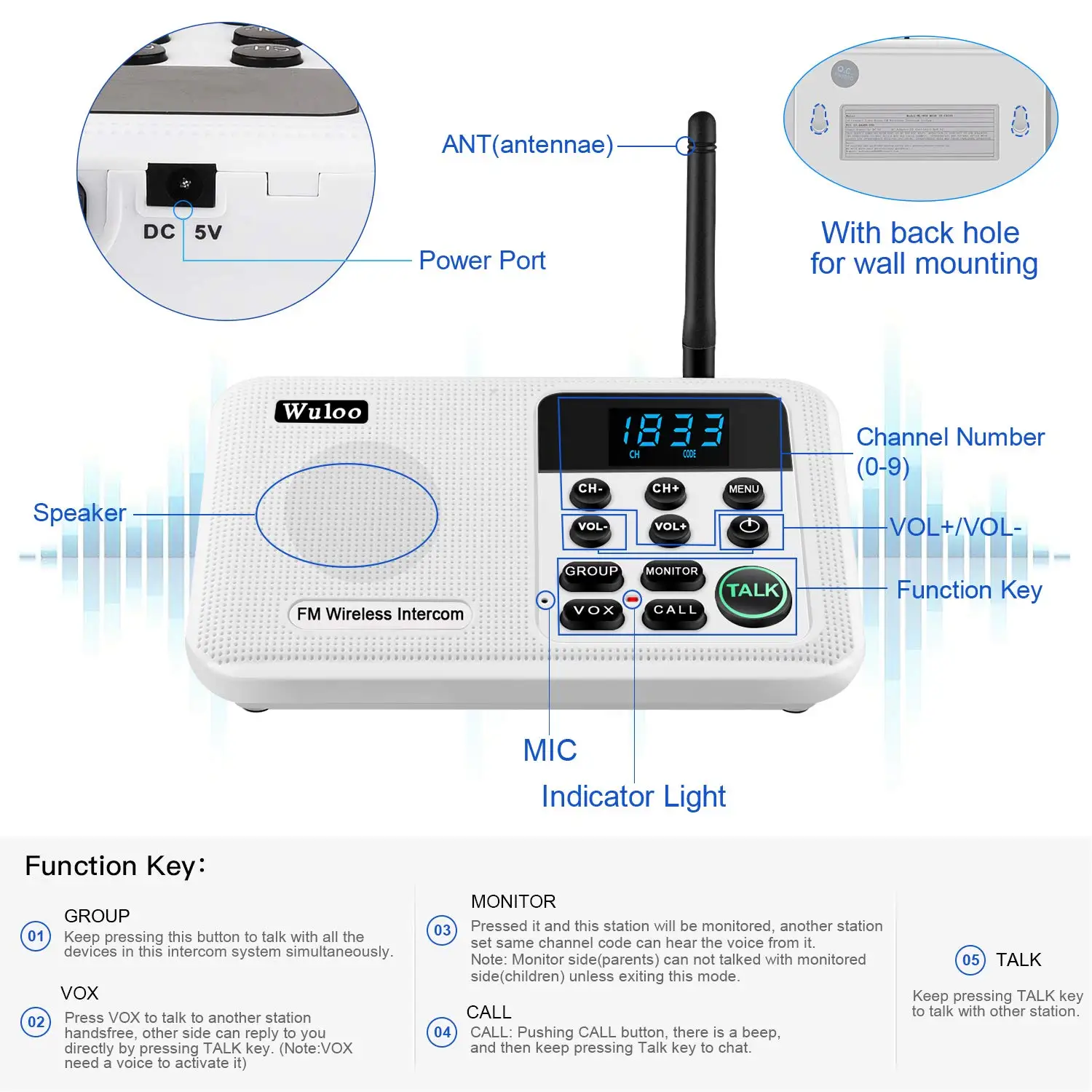 Wuloo-sistema de intercomunicación inalámbrico para el hogar, intercomunicador para casa, oficina de negocios, rango de 1 milla, 22 canales, pantalla de visualización de código Digital 100