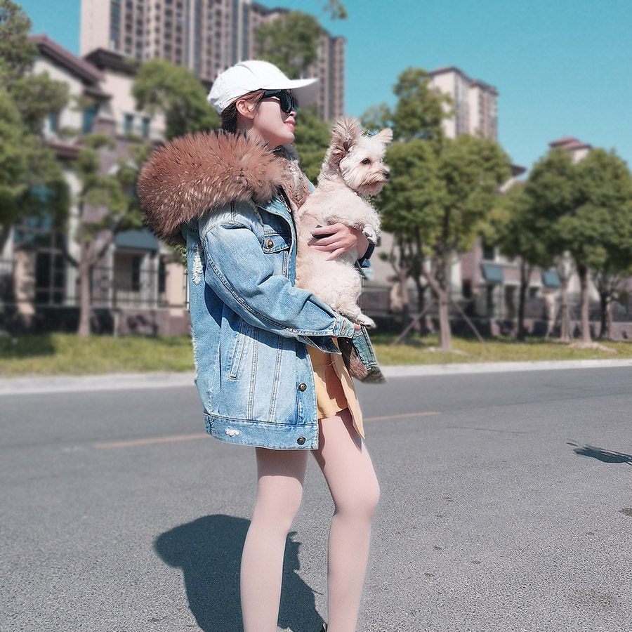 Maomaokong-レディースデニムジャケット,本物の毛皮の襟,アライグマの毛皮の豪華なウサギの毛皮の裏地,冬