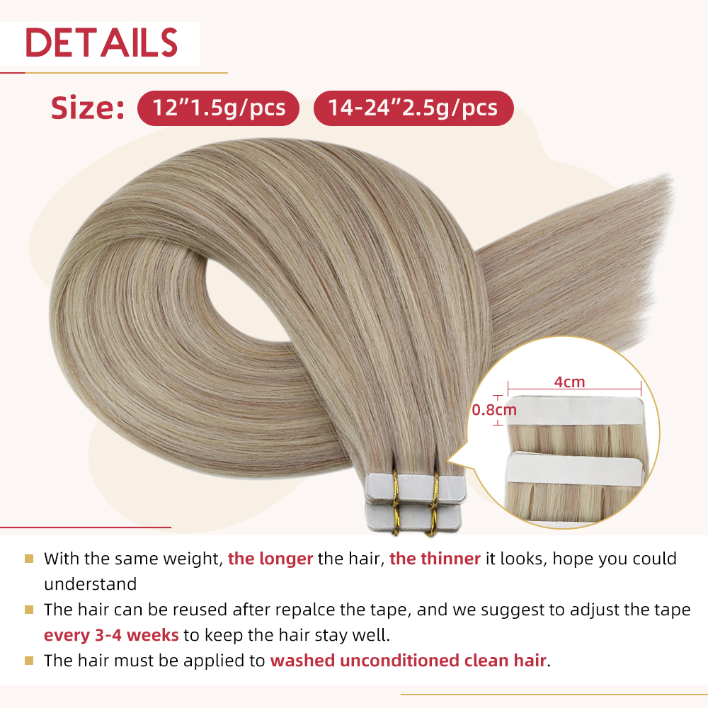 Moreoo – Extensions de cheveux naturels Remy lisses et soyeux avec bande adhésive, 100% vrais cheveux à reflets blond cendré extension bande adhésive naturel adhésifs rajout cheveux