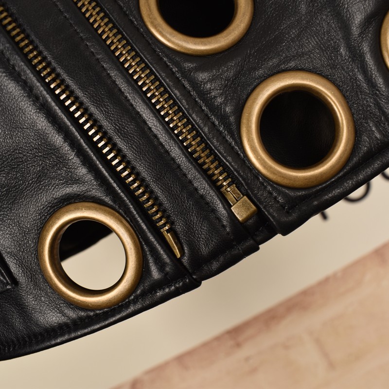 Neue Designer Frauen Metall aushöhlen Schaffell Echt lederjacke Punk-Stil Moto Biker Short Outwea Mantel Echt lederjacke