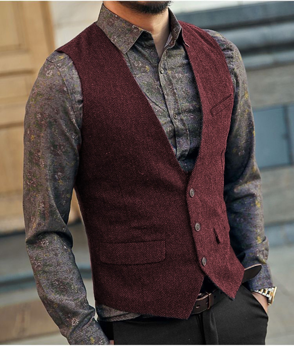 Chaleco Ajustado de Tweed para hombre, ropa Vintage de espiga con cuello en V, trajes de padrino de boda informales de lana para XS-5XL