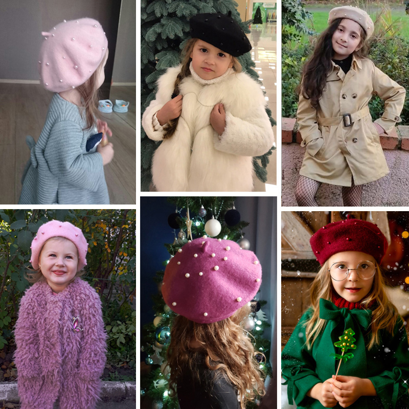 Gorro de lana para niños, gorro de invierno para niñas, boina Retro para bebé, gorros con perlas, gorro para niños de otoño e invierno, accesorios para niños de 2 a 6 años