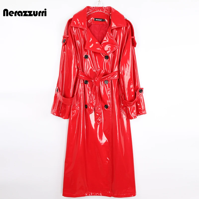 Nerazzurri Herbst Lange Rot Wasserdicht Glänzende Reflektierende Patent Leder Graben Mantel für Frauen Zweireiher Plus Größe Mode