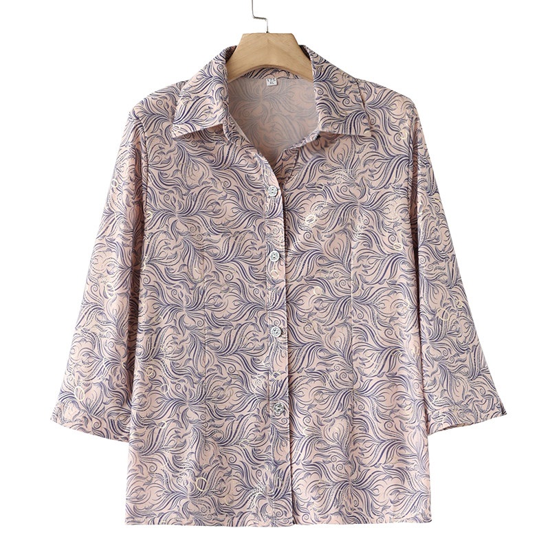 중년 여성 블라우스, 플러스 사이즈 어머니 의류, 실크 프린트 쉬폰 셔츠, 여성 상의, 가디건, 5XL, W2128, 여름 신상