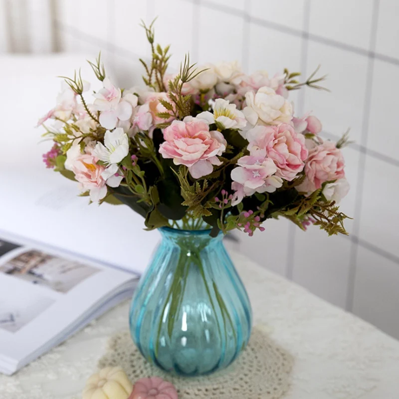 Ramo de flores artificiales para decoración del hogar, 5 tenedores, 8 cabezas, pequeño, peonía, plantas decorativas, coronas, jarrones, accesorios de boda