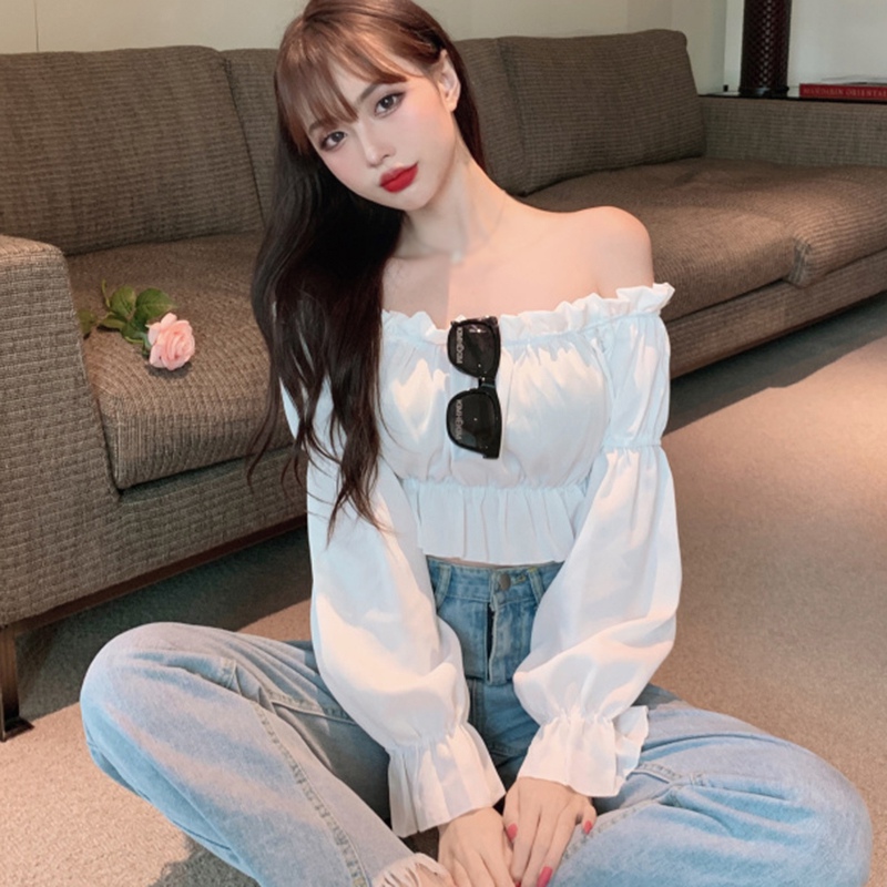 Mùa Thu Nữ Tay Phồng Áo Kiểu Màu Tay Dài Lệch Vai Cao Cấp Áo Sơ Mi