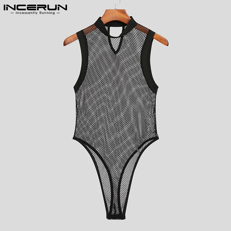 INCERUN 2023Männer Body Mesh Patchwork Durchsichtig Sexy Ärmellose Dünne Strampler Unterwäsche Dünne Mode Männlichen Bodys S-5XL