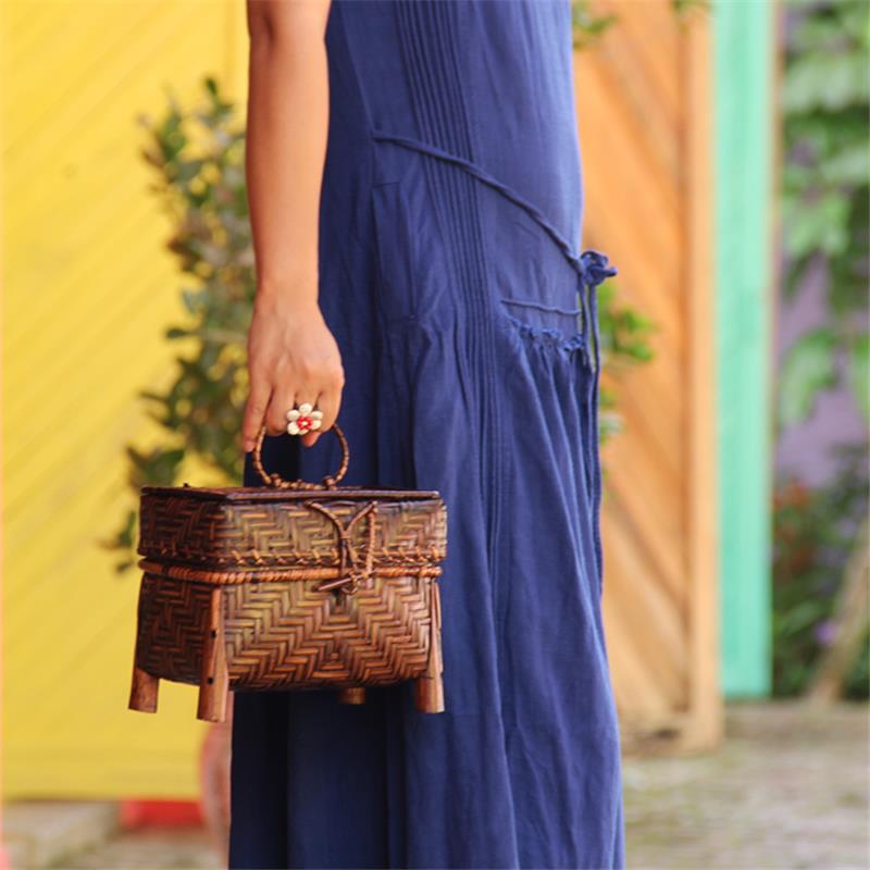 22x13CM Thailand Handmade Bamboo Woven Bag Mini Decorative Bag Tea Set Bag Retro Original Woven Women Bamboo Bag a6106