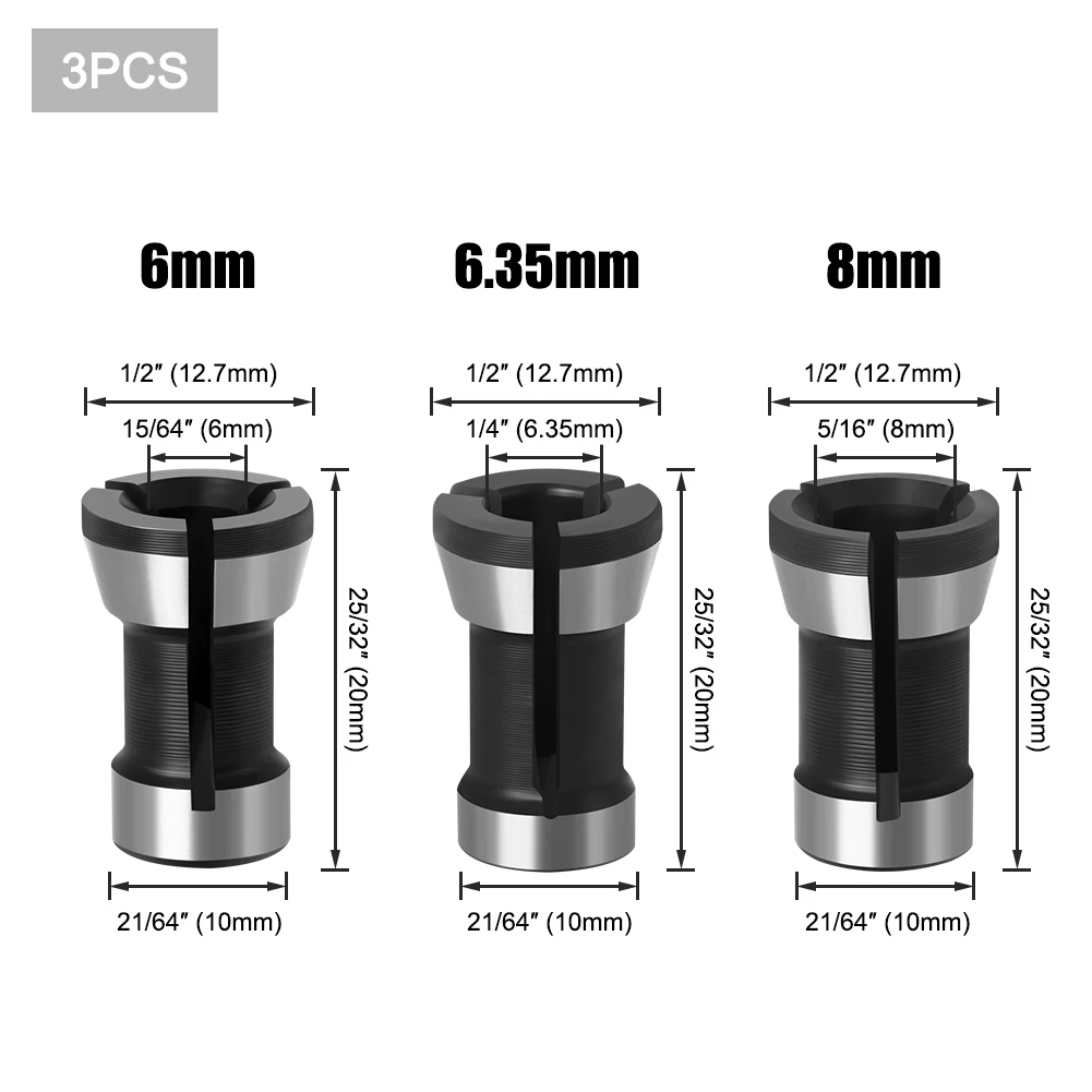 1 Set 3 Collets 6.35Mm 8Mm 6Mm Collet Chuck Khắc Cắt Tỉa Máy Điện Phay Router dao Cắt Phụ Kiện