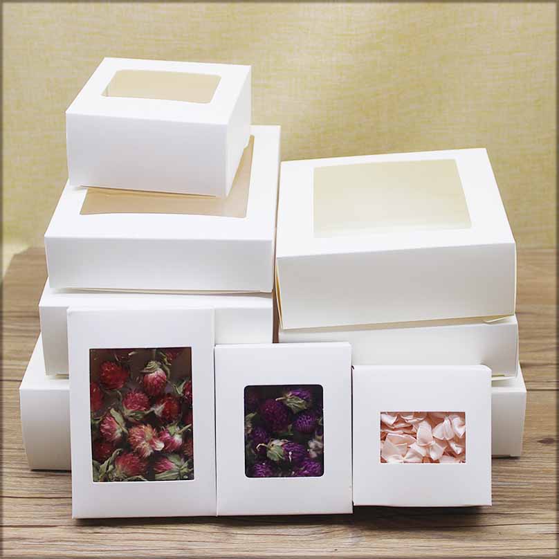 Pacote de presentes diy com janela, caixa de presentes de natal branca/kraft, embalagem de bolo para casamento, festa em casa, caixa de embalagem de muffin com 10 peças