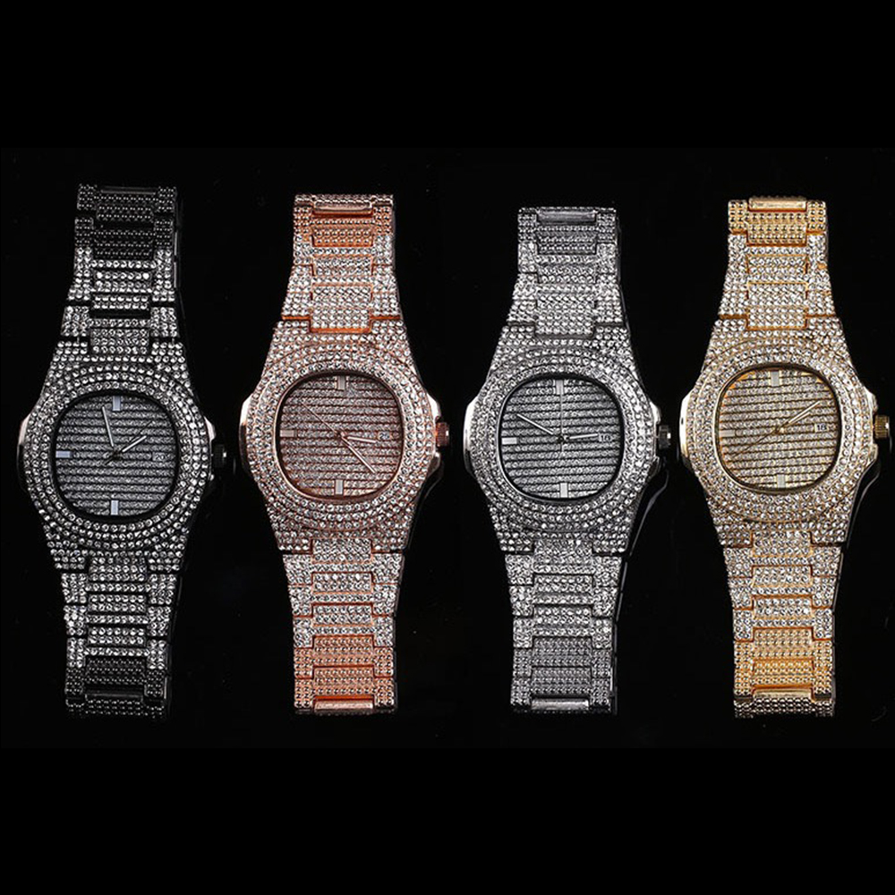 Reloj de acero con diamantes para hombre, cronógrafo de estilo Hip Hop, dorado, de lujo, 2021