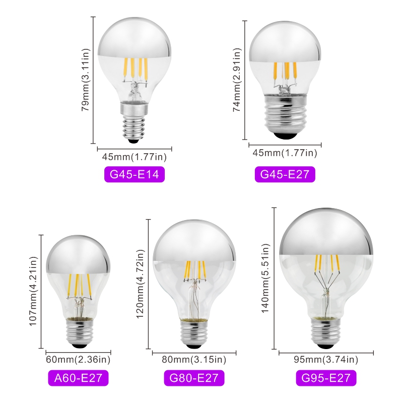 Edison E14 E27 Tráng Gương Bạc Retro Bóng Đèn LED 4W G45 A60 ST64 G80 G95 Vintage Dây Tóc Lampada LED đèn Trắng Ấm Chiếu Sáng