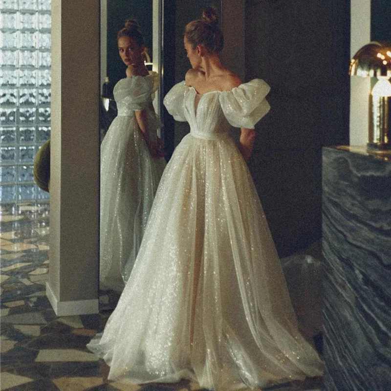Abiti da sposa in due pezzi con linea A glitterata con gonna staccabile con spalle scoperte maniche corte a sbuffo abiti da festa da sposa principessa