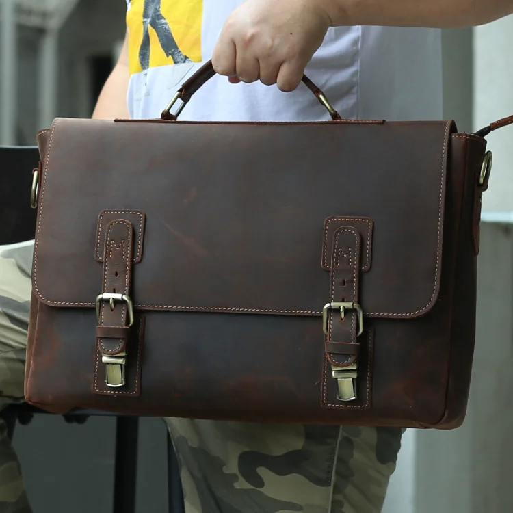 Crazy Horse Leder Aktentasche Business Tasche Echt Rindsleder Männer Männlichen Handtaschen Laptop Tasche 15,6 Zoll Echtem Leder Kurze Fall