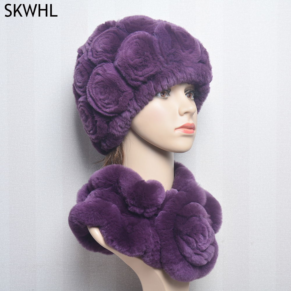 Conjunto de bufanda y sombrero de piel de conejo Rex Real para mujer, bufandas de piel de conejo Rex cálidas naturales, sombrero de Invierno para mujer